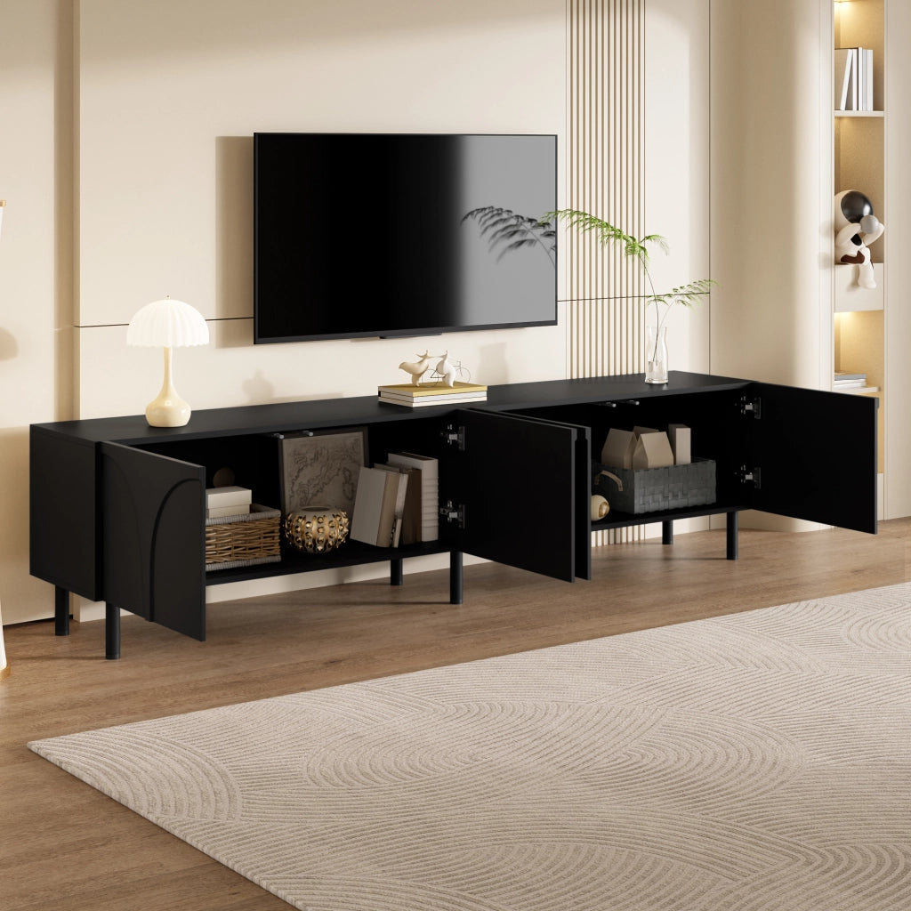 Mobile TV nero con 4 ante e linee tridimensionali; 180 x 35 x 49 cm in MDF e PB