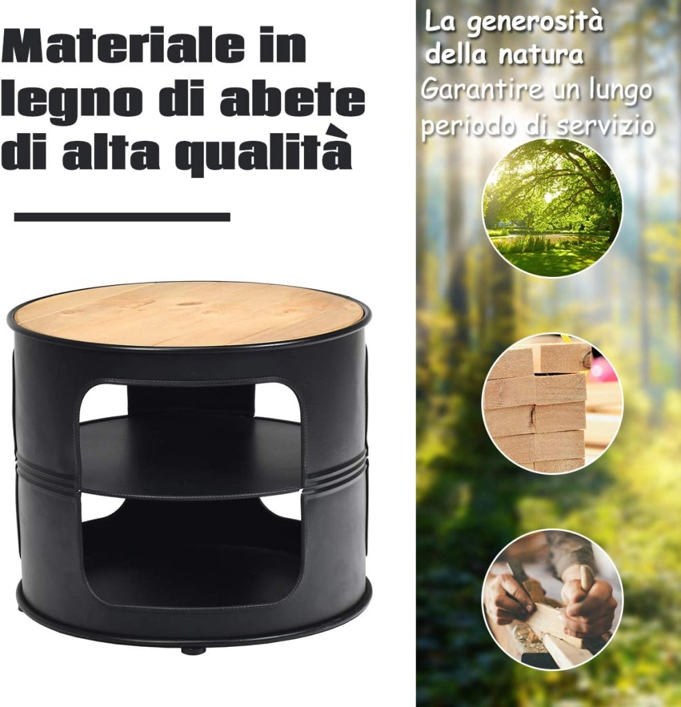 Tavolino da Caffè Moderno Rotondo, 3 Ripiani, 50 x 50 x 41,5 cm, Nero