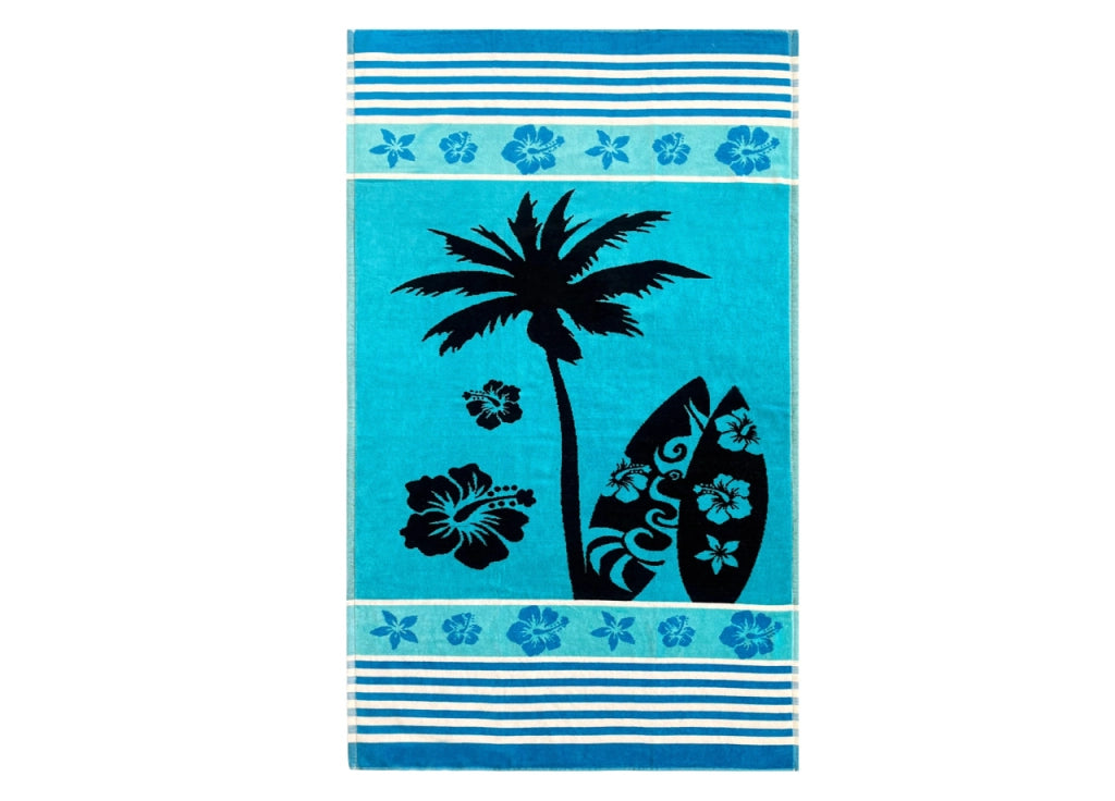 Telo Mare Jacquard Spugna Asciugamano Spiaggia Disegno Palm Beach - Telo Mare - Turchese D1