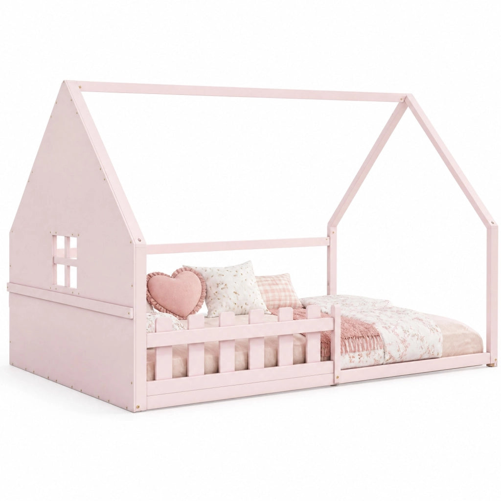 Letto per bambini a forma di casa 140x200 cm, rosa, con sponde
