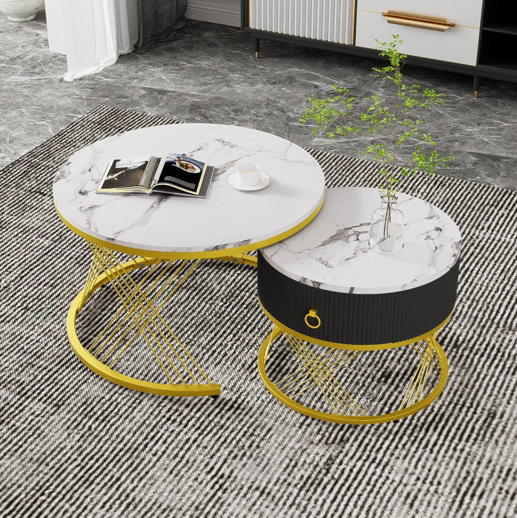 Tavolino da caffè modulare 2 pezzi in MDF bianco con dettagli dorati