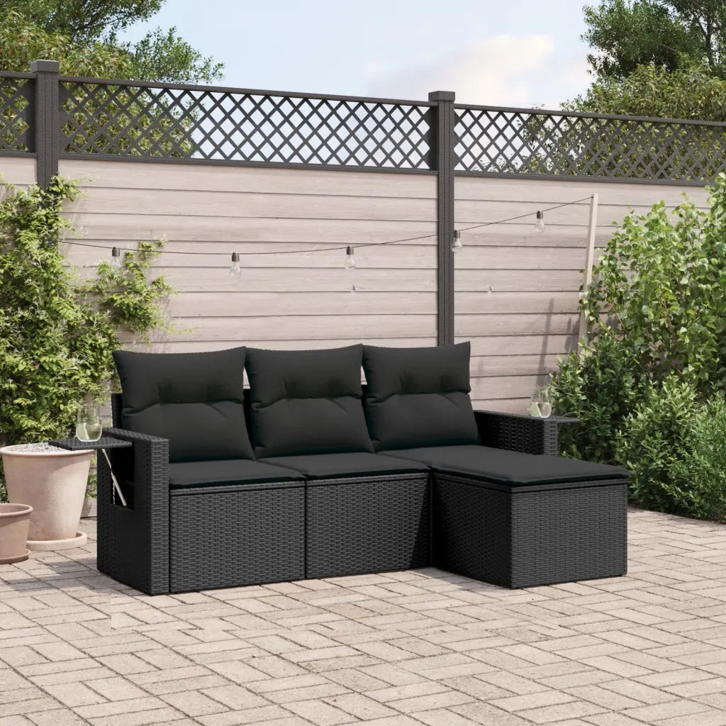 Set Divani da Giardino 4 pz | Set Salotto da Giardino con Cuscini Nero in Polyrattan