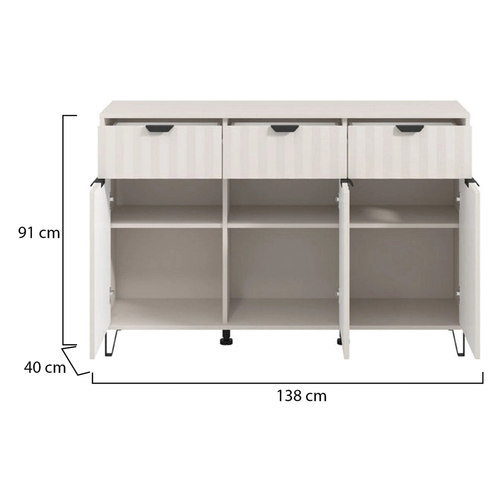 Madia Paglieta, Credenza 3 Ripiani, 138x40x90.5h cm Bianco Crema