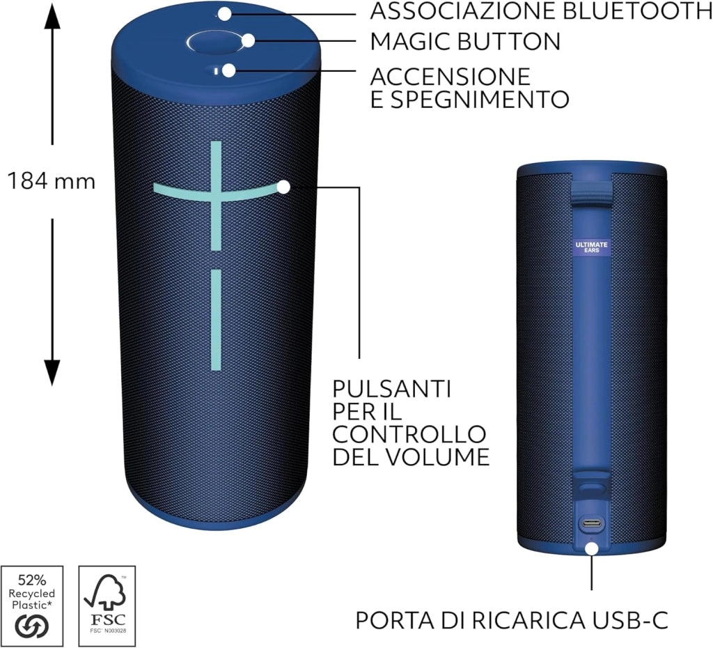 Ultimate Ears BOOM 4, altoparlante portatile Bluetooth, impermeabile e galleggiante, con suono a 360° potente, avvolgente e cristallino, 15 ore di batteria e raggio d’azione di 45 m, USB-C - Blu