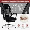 Sedia da Ufficio Ergonomica in Rete con Poggiapiedi, Poggiatesta e Braccioli Confortevoli, Poltrona con Schienale Inclinabile e Altezza Regolabile, Sedia Girevole, Portata 135 kg