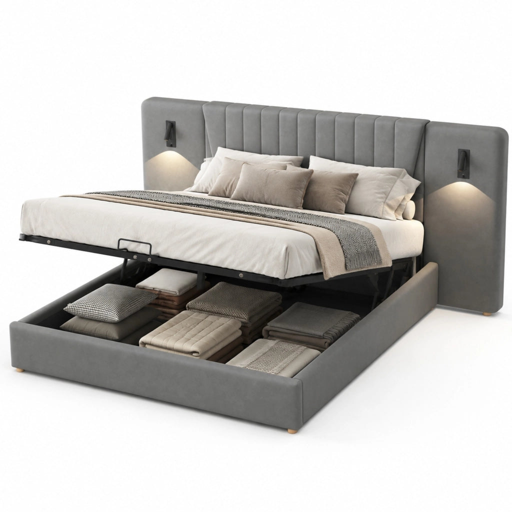 Letto imbottito 180x200 cm con testiera lunga; luci LED e USB; velluto grigio