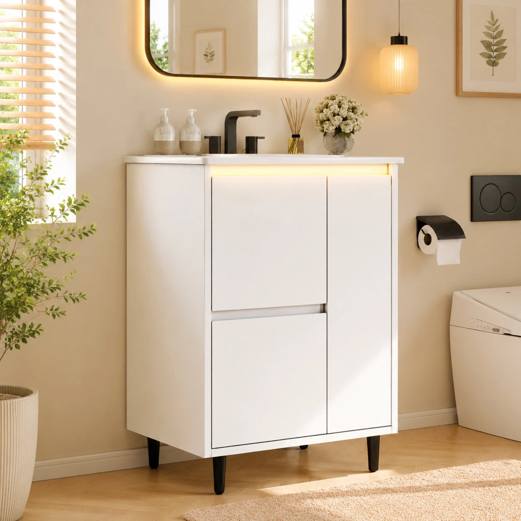 Mobile da bagno con 1 anta e 2 cassetti; lavabo in ceramica - per bagno - bianco