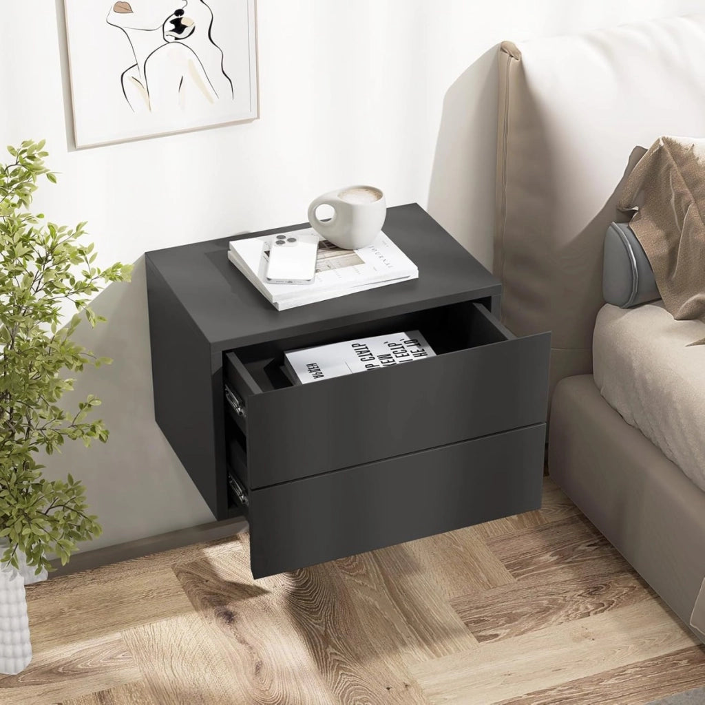 Comodino con cassetti (set da 2), Tavolino da letto da parete con spazio contenitivo Grigio