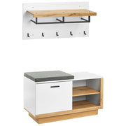 Set da ingresso: mobile portaoggetti in truciolato bianco con panca porta scarpe e ganci appendiabiti, stile moderno minimalista