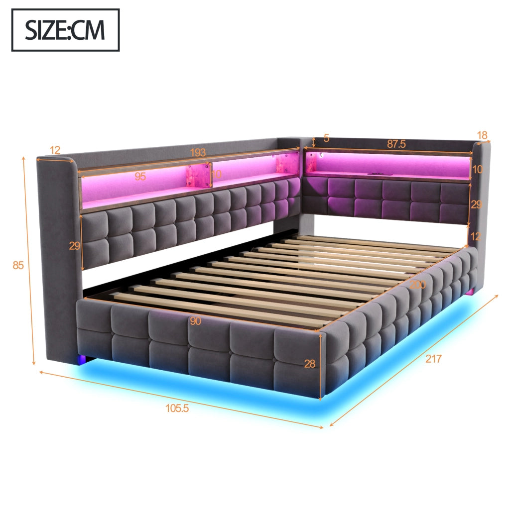 Letto imbottito multifunzione 90x200 cm con contenitore; LED; USB e presa; grigio
