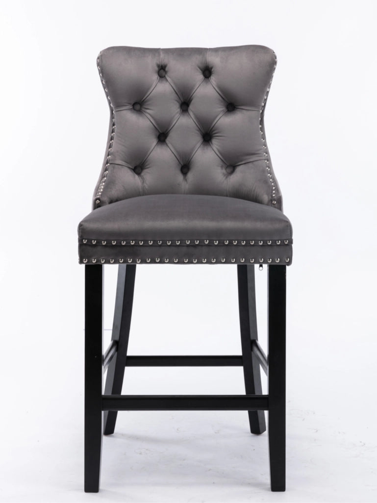 Sgabello da bar set di 2 in velluto con schienale alto e borchie decorative seduta confortevole grigio