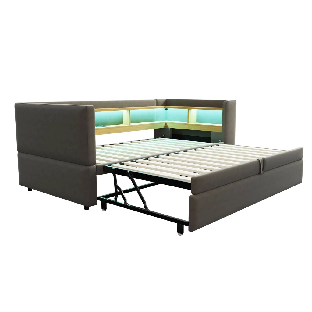 OKWISH Letto Divano 90×190 cm e 180×190 cm, Letto Singolo con LED Regolabile, Prese e Mensole, senza Materasso, in Flanella, Grigio Scuro