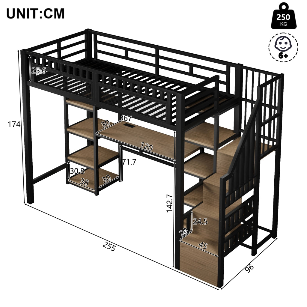 Letto a castello nero 90x200 cm ferro mdf con scrivania scala con contenitore luce led usb