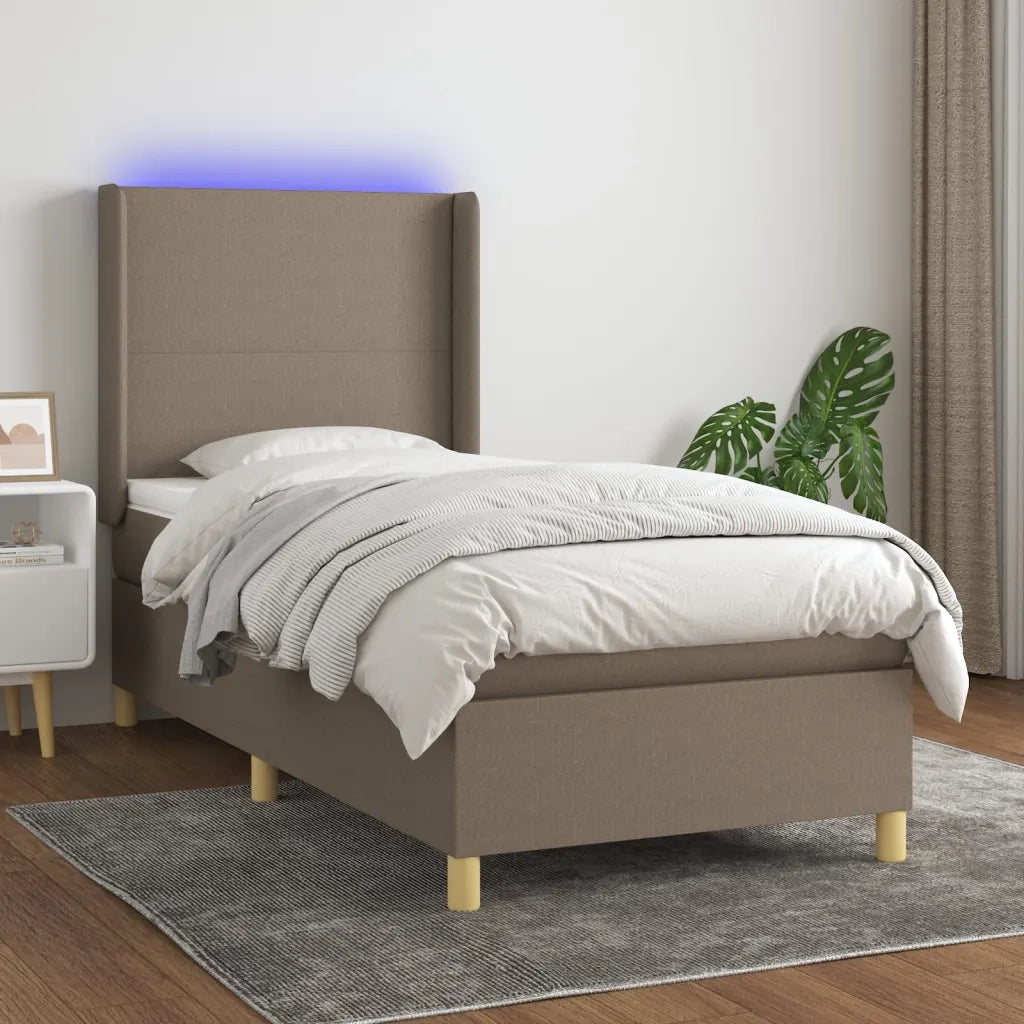 Letto a Molle con Materasso e LED Tortora 100x200cm in Tessuto 3138697