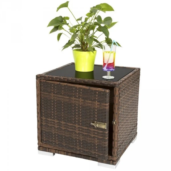 Set di due lettini prendisole in resina intrecciata polyrattan + tavolo + due set di fodere + telo protettivo marrone 08_0000504