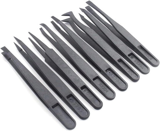 Set di tang per plastica - 8 pezzi di spiedini antistatici per lavori di precisione in elettronica e gioielleria - nero