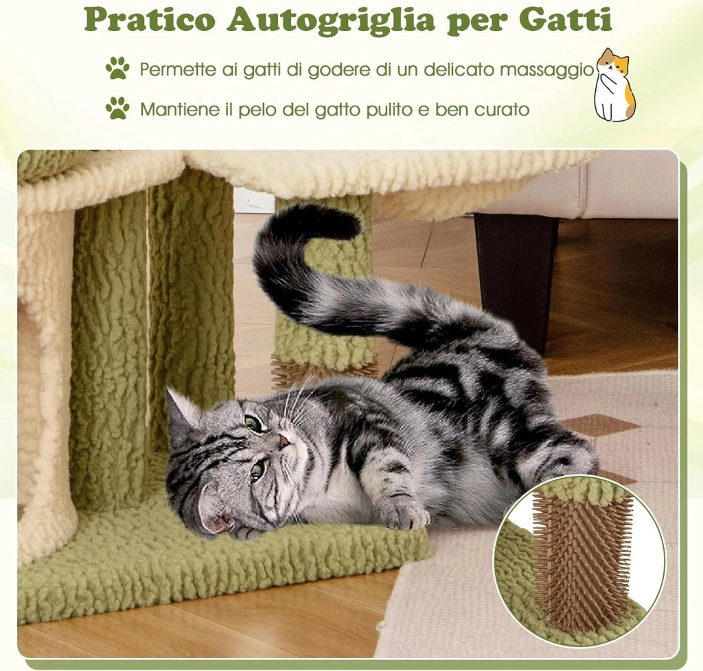 Tiragraffi per Gatto Alto 100 cm, Albero Tiragraffi Gatto con 3 Pali in Sisal, 4 Piattaforme e Grotta, Cuccia Albero Gatto Rivestito in Peluche, Verde e Bianco