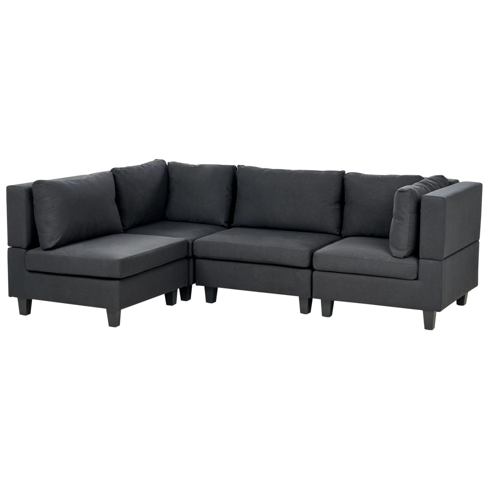 Divano componibile 4 posti imbottito in tessuto nero gambe nere schienale imbottito lato destro stile moderno