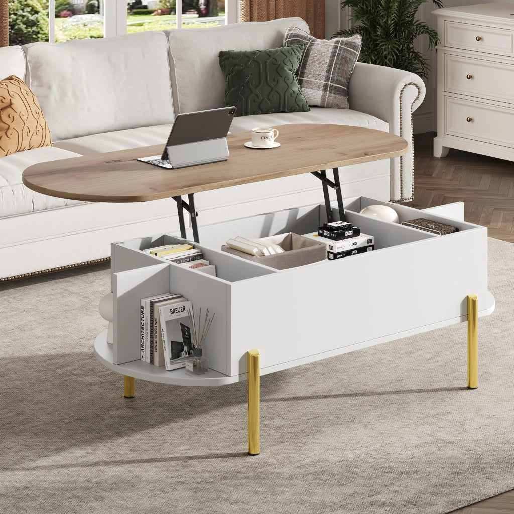 TAVOLO DA CAFFÈ 120 x 50 x 43 cm sollevabile MDF bianco effetto legno e oro