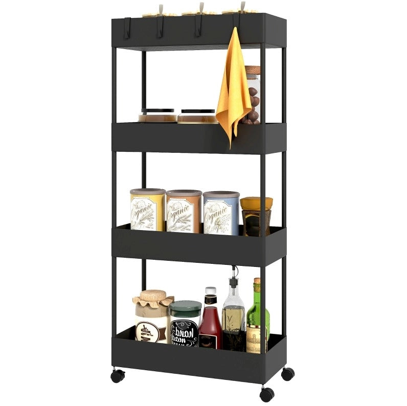 Carrello da cucina nero con 4 ripiani, ruote e freni, 40 x 19 x 90 cm, in plastica ABS