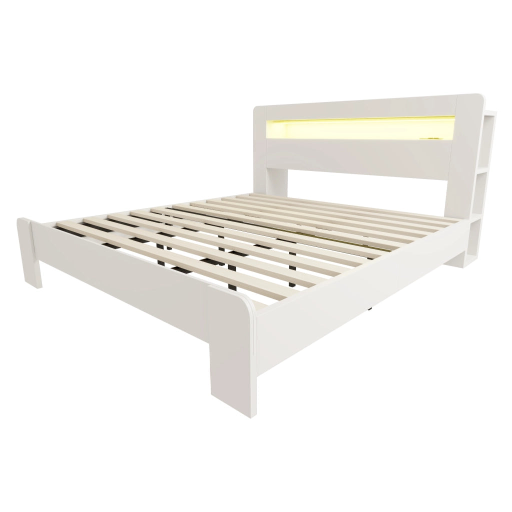 Letto matrimoniale in legno 180x200 cm con testiera contenitiva, LED e prese