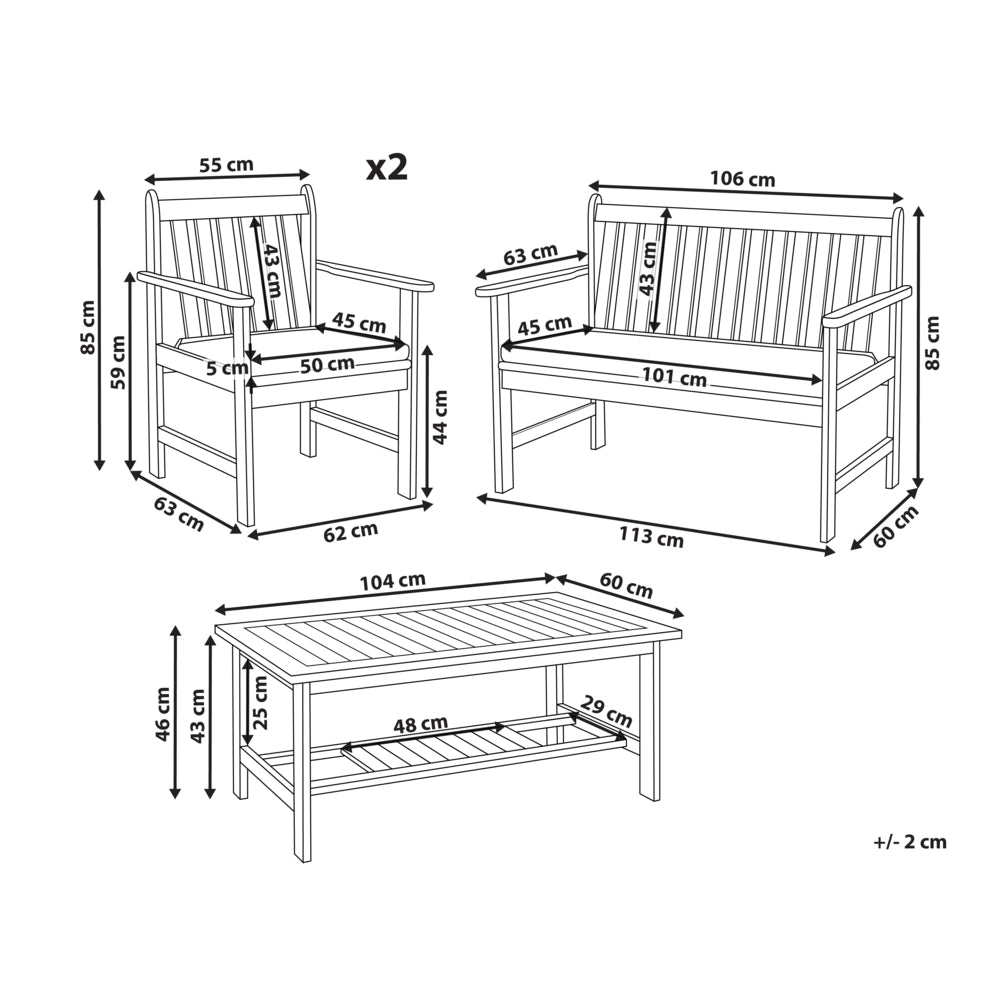 Set di divani da giardino in legno di acacia chiaro Cuscini bianchi Divano a 4 posti 2 poltrone con tavolo Set da conversazione per esterni