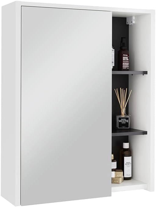 Mobile a specchio per il bagno Viola, Bianco/Grigio, 60 x 75 cm con ripiani aperti