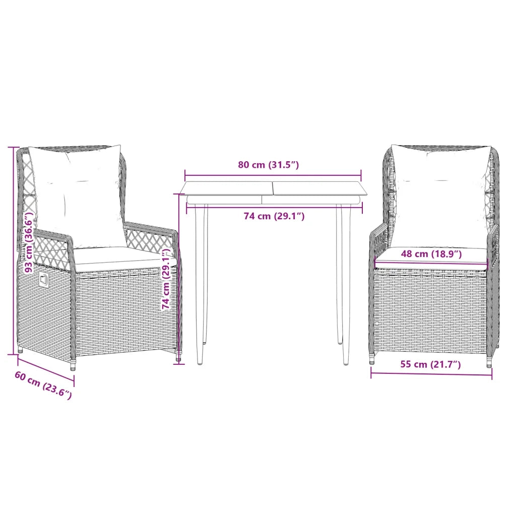 Set da Pranzo da Giardino 3 pz con Cuscini Beige in Polyrattan 3263013