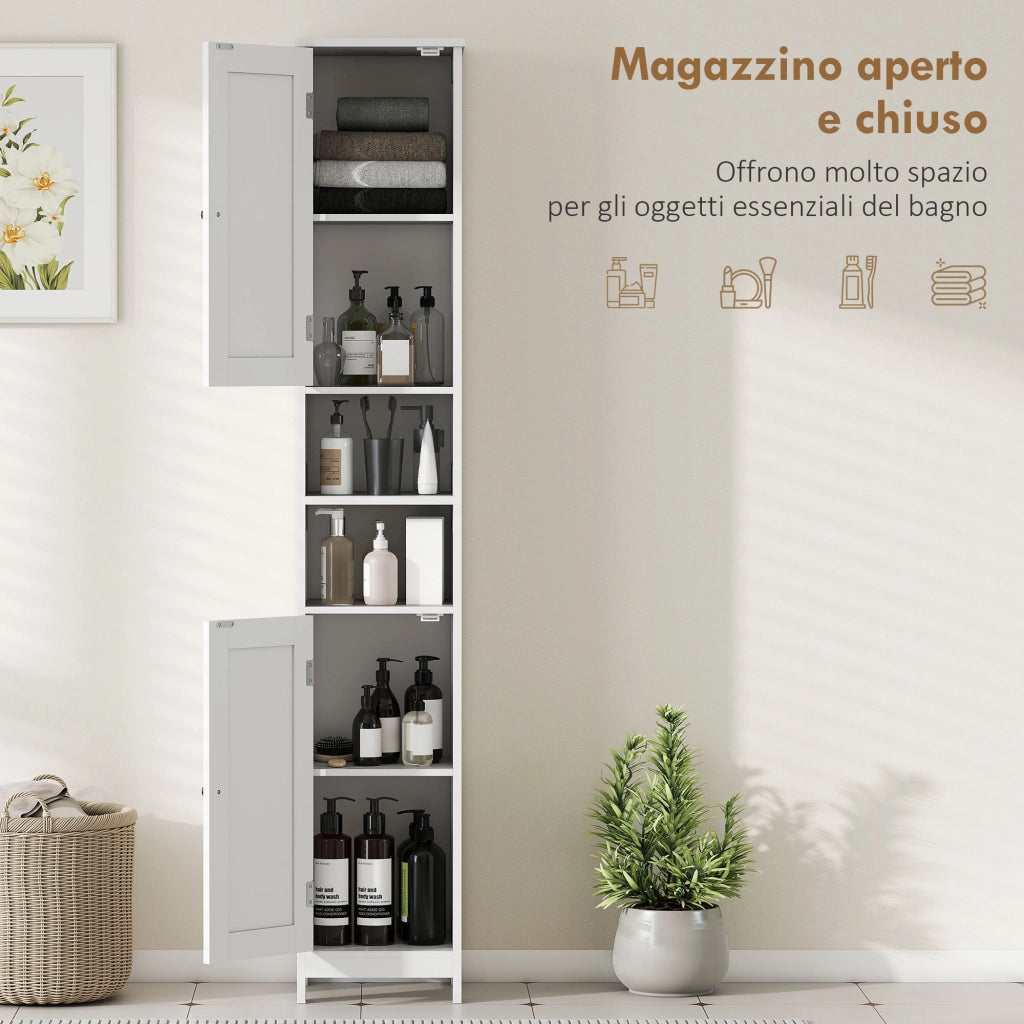 Mobile Alto Bagno con 2 Ripiani Aperti e 2 Armadietti con Scaffali Regolabili, in Legno, 30x30x170 cm, Bianco