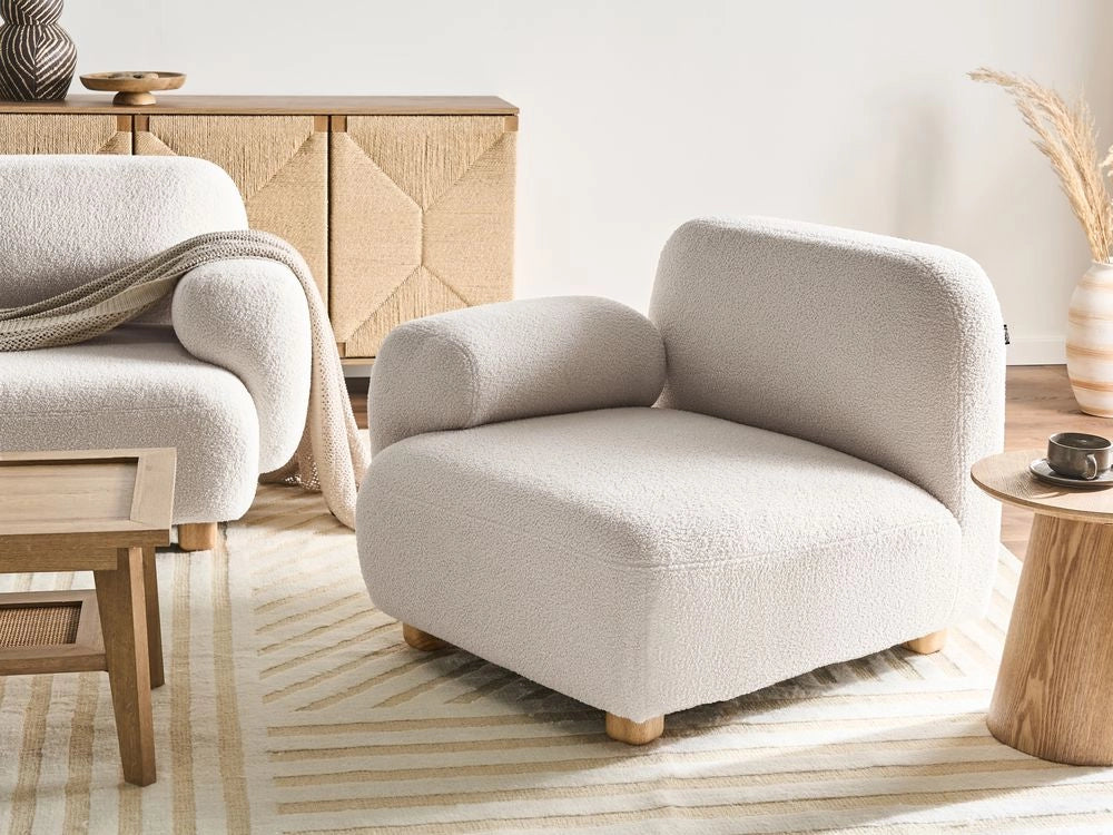 Modulo divano angolare Boucle a destra, 1 posto, in legno bianco sporco, con gambe in legno, moderno, monoposto