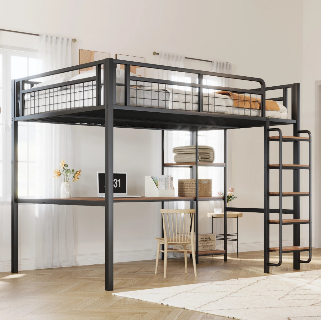 Letto a soppalco in metallo 140x200 cm nero con scrivania, ripiani e scala di sicurezza