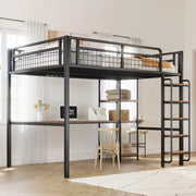 Letto a soppalco in metallo 140x200 cm nero con scrivania, ripiani e scala di sicurezza