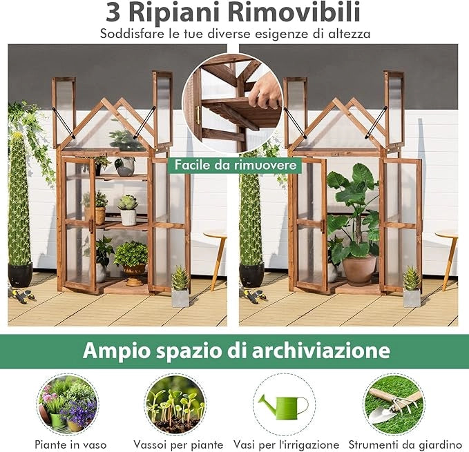 Mini Serra da Giardino in Legno a 3 Livelli, Serra da Giardino con Coperchio Apribile, Ripiani Rimovibili, Serra a Forma di Casetta da Interno ed Esterno, 71 x 41 x 133 cm