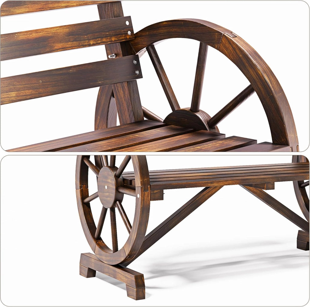 Panca da esterno a 2 posti, resistente alle intemperie, con braccioli a forma di ruota, in legno con schienale, in stile country, per patio, giardino, parco, 105.5 x 56 x 79 cm.