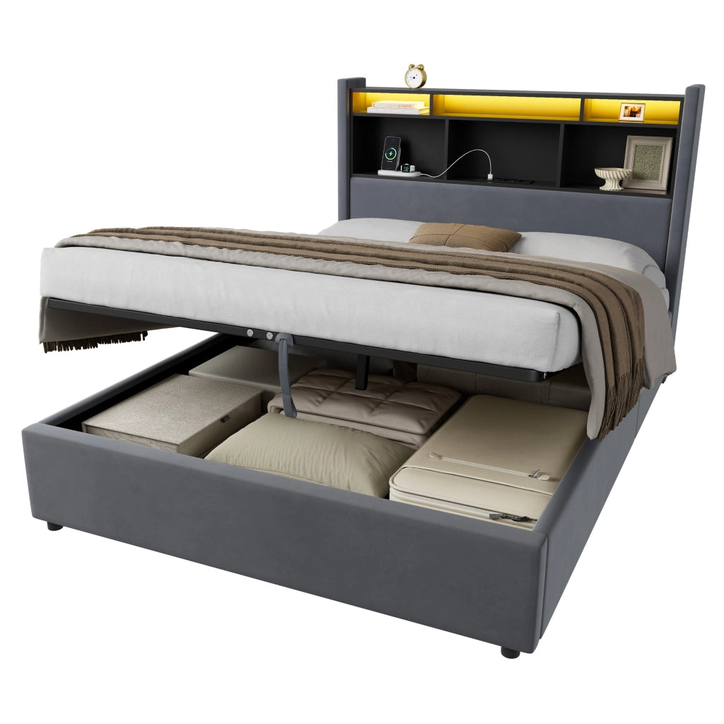 Letto matrimoniale contenitore imbottito grigio scuro 140x200 cm con LED e ricarica USB
