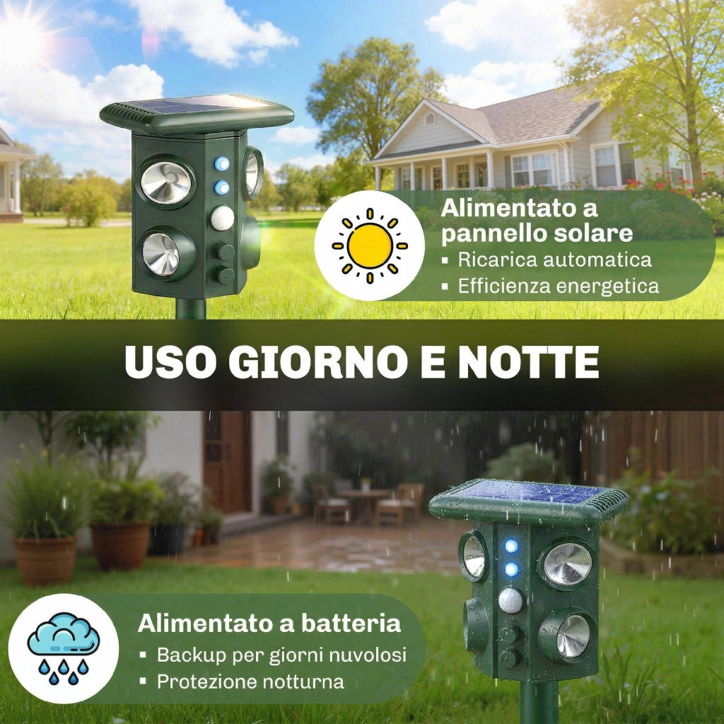 Repellente Solare Ultrasonico per Gatti, 5 Modalit¨¤, Sensore PIR, Flash LED