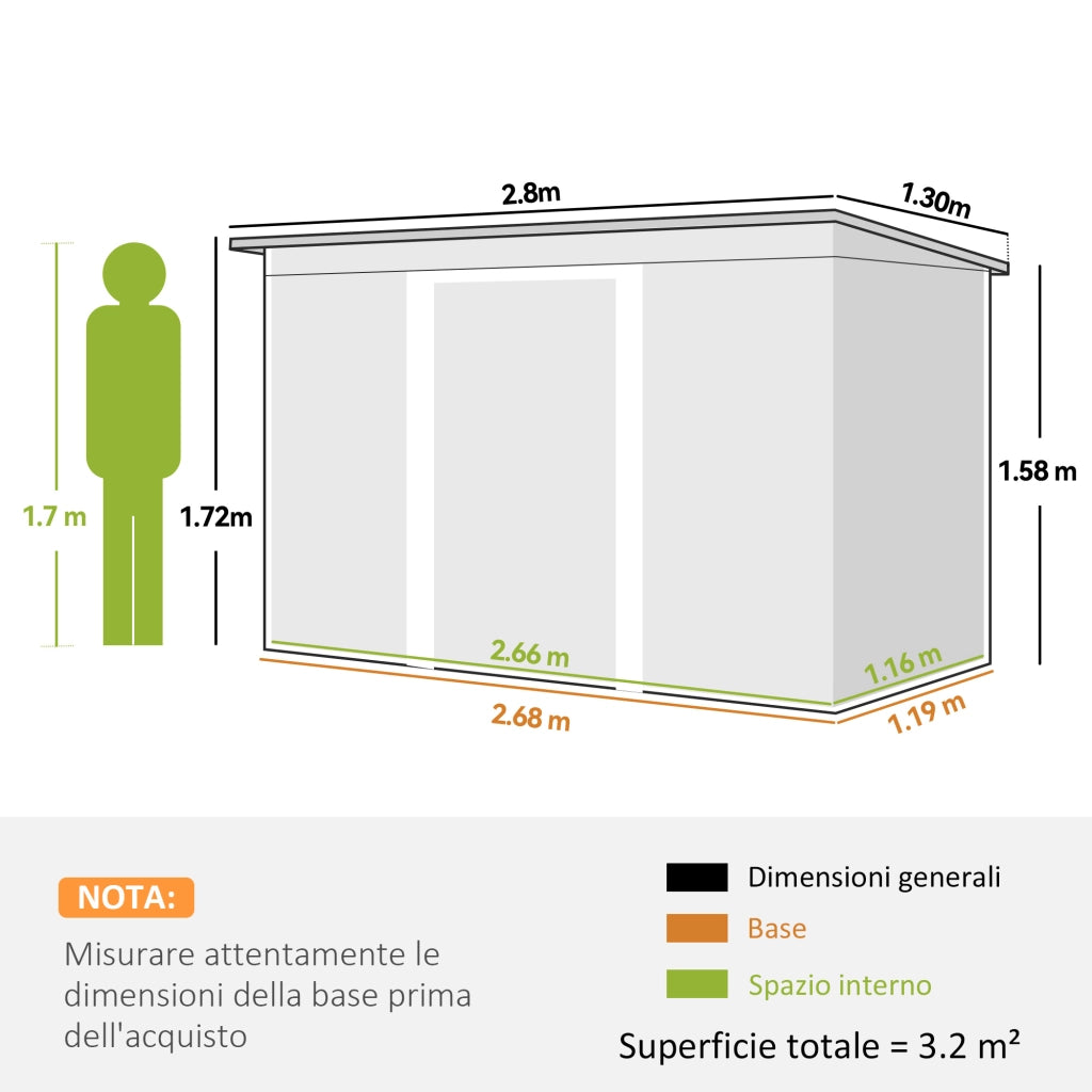 Ripostiglio da Giardino 280x130x172 cm con 2 Prese d'Aria e 2 Porte Scorrevoli in Acciaio Grigio Chiaro