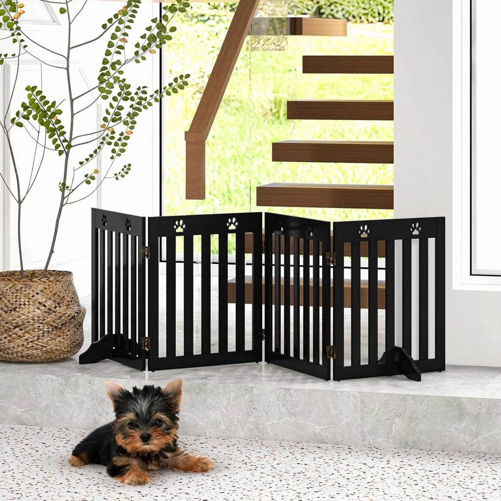 Cancelletto per Cani Pieghevoli 204 x 60 cm, Barriera per Cani in Legno a 4 Pannelli con Piedini Stabili, Recinzione per Scale, Ingressi e Corridoi (Marrone)