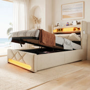 Letto singolo 90x200 in lino beige con LED; USB e porta Type-C