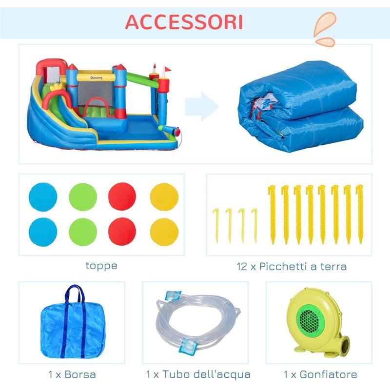 CASTELLO GONFIABILE PER BAMBINI CON SCIVOLO, TRAMPOLINO E PISCINA, 390X300X197CM