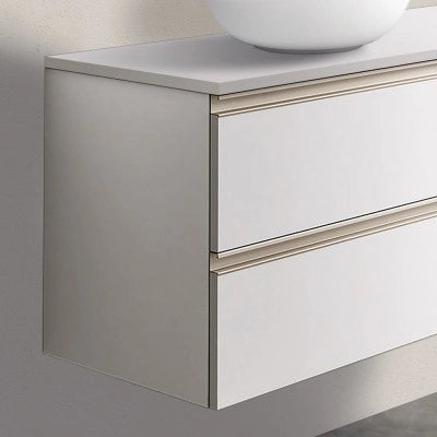 Mobile bagno sospeso 120 cm bianco opaco con due cassetti anta e specchio tondo Master