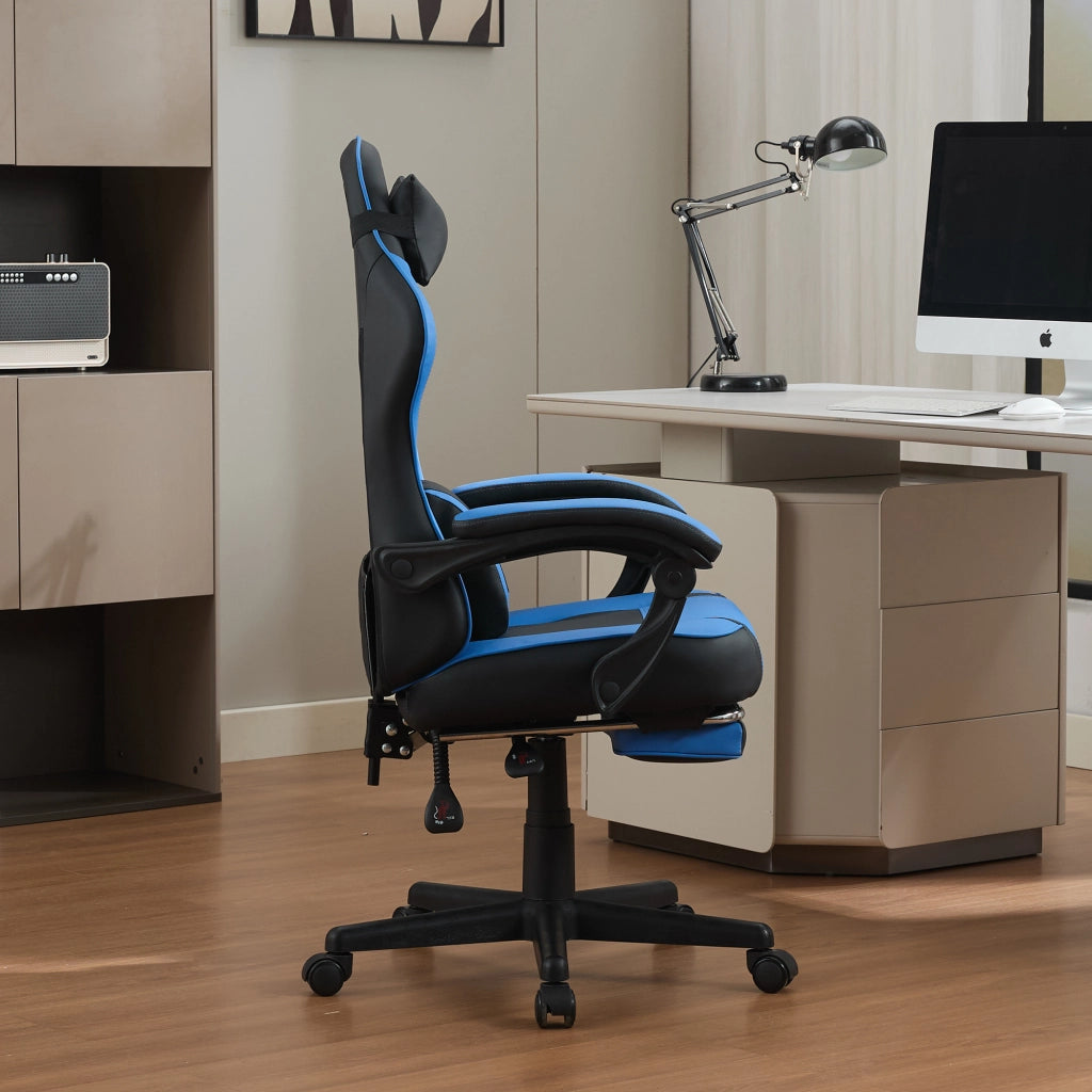 Chaise da ufficio gaming con tasca portaoggetti sul retro e cilindro pneumatico, in PVC nero e blu
