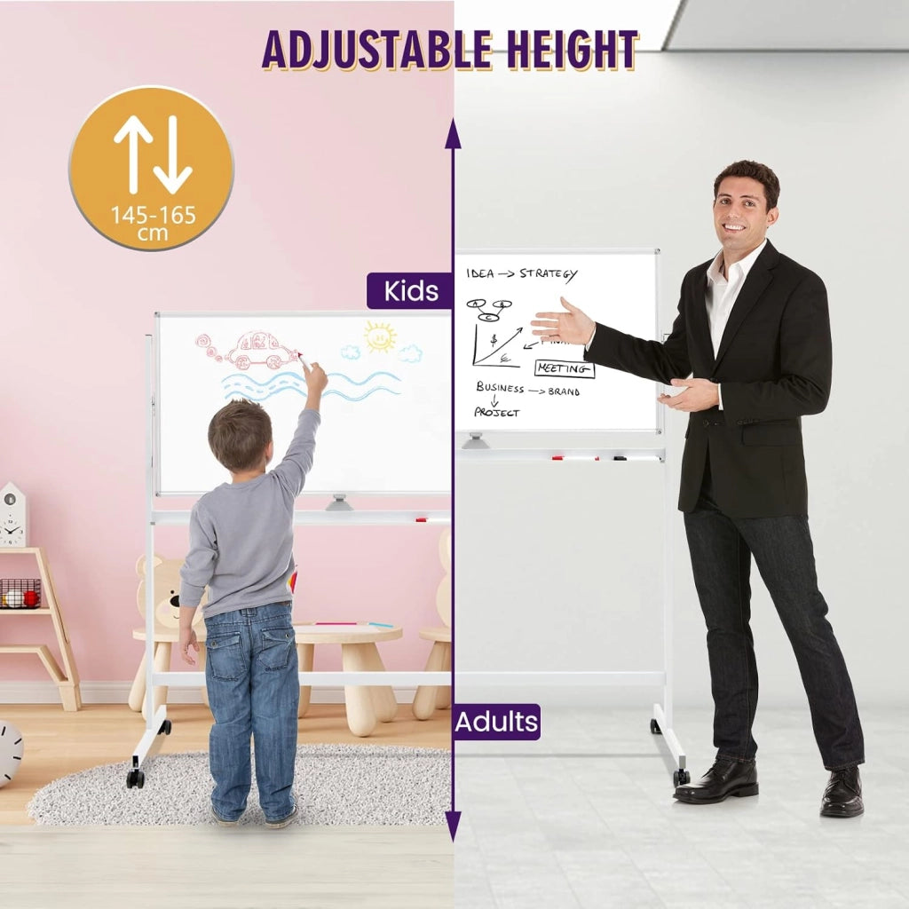 120 x 60 cm Lavagna Magnetica a Doppia Faccia con Ruote, Lavagna Bifacciale a Cavalletto con Altezza Regolabile a 360° con 6 Marcatori, 12 Magneti e 1 Gomma, 2 Colori
