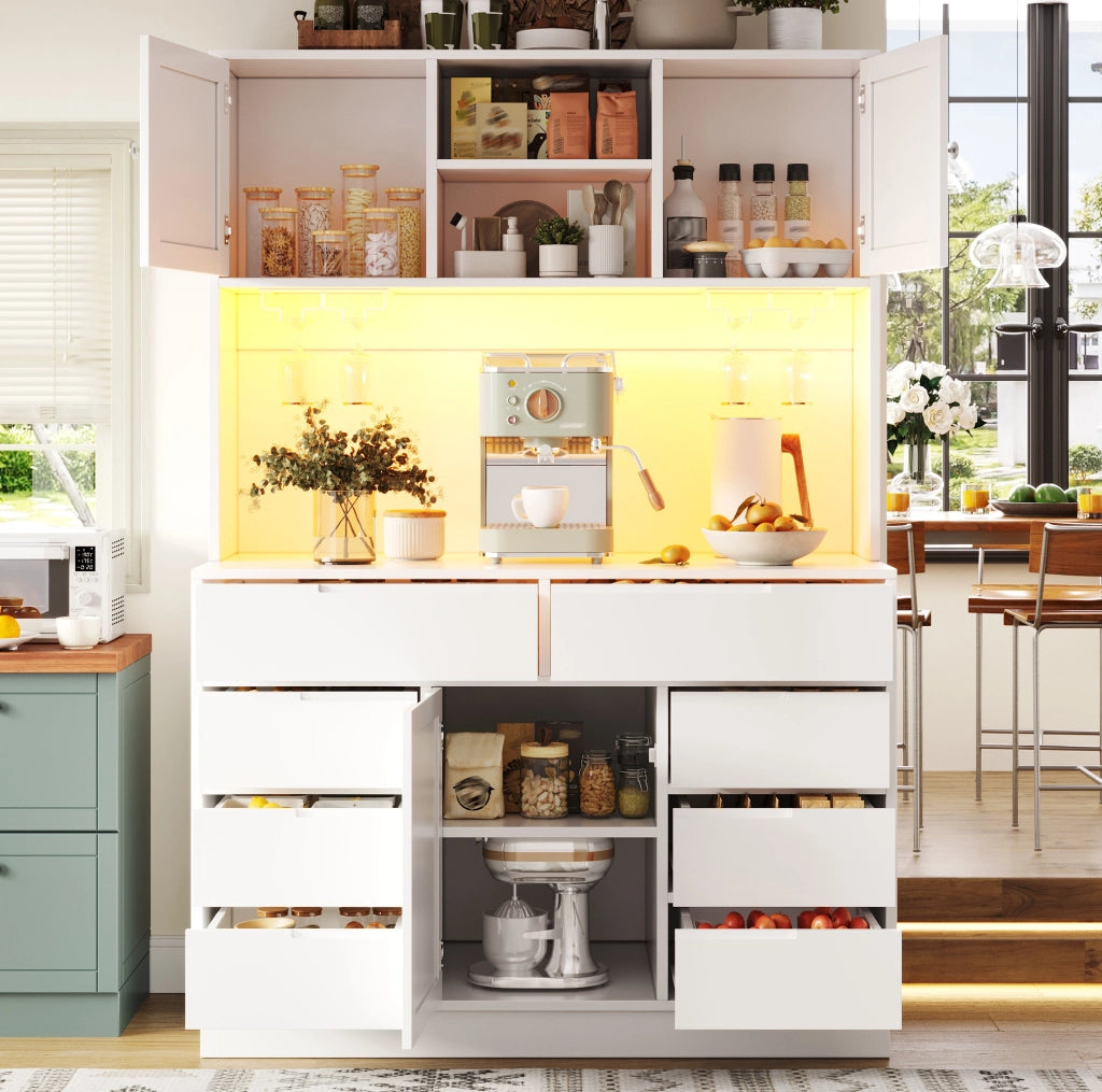 Mobile colonna cucina bianco con LED smart, 8 cassetti e ripiani regolabili, 120×40×183,5 cm