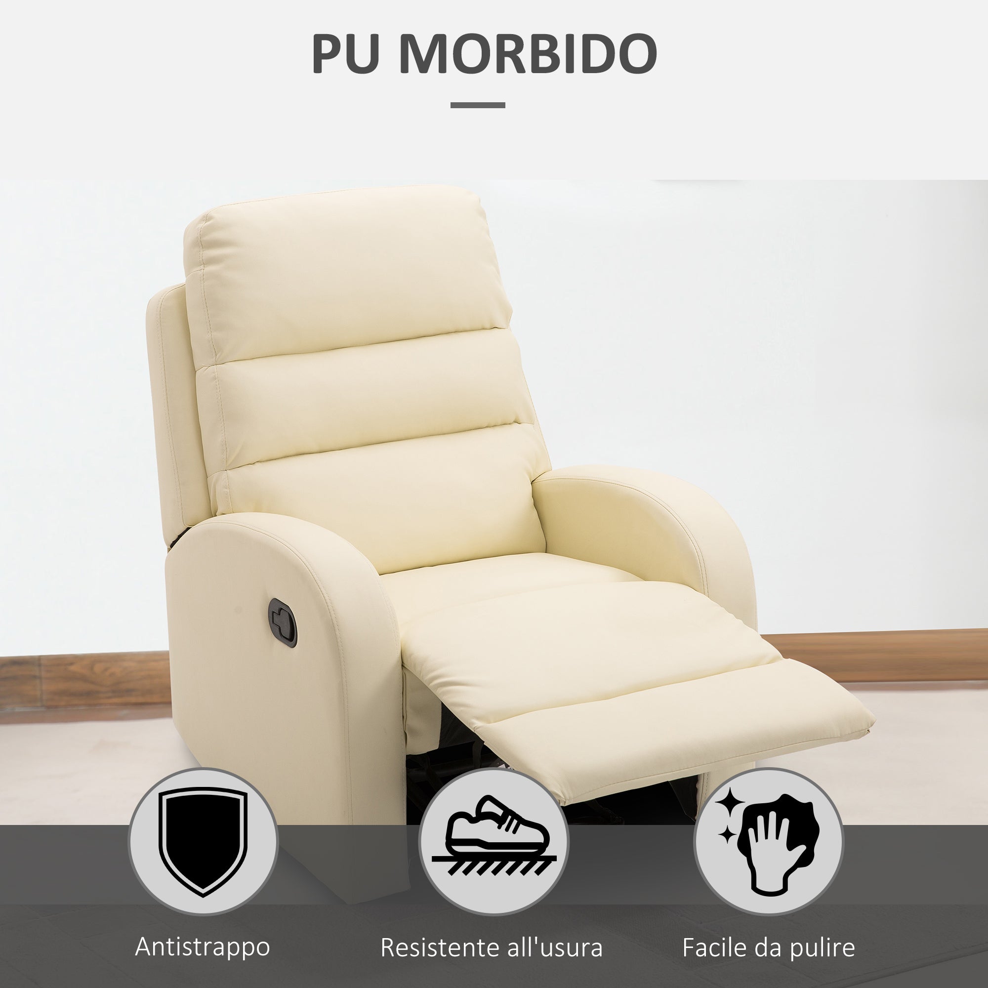 Poltrona Relax Reclinabile con Poggiapiedi in Similpelle Crema
