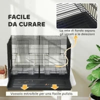 Gabbia per Uccelli con Divisorio e Ripiano Inferiore Portaoggetti, in Acciaio e PP, 94x57x57 cm, Nero
