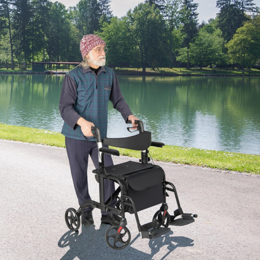 Deambulatore 2-in-1 con ausilio per camminare pieghevole e sedile grande-Deambulatore porta ombrello e borsa per persone con disabilit¨¤ Nero