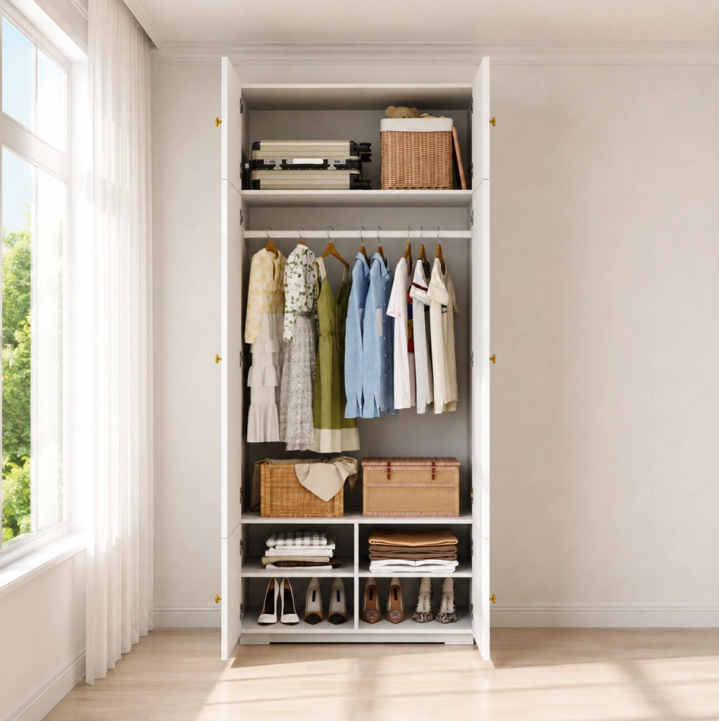 Armadio guardaroba bianco 90x50x200 cm con asta appendiabiti e 5 vani