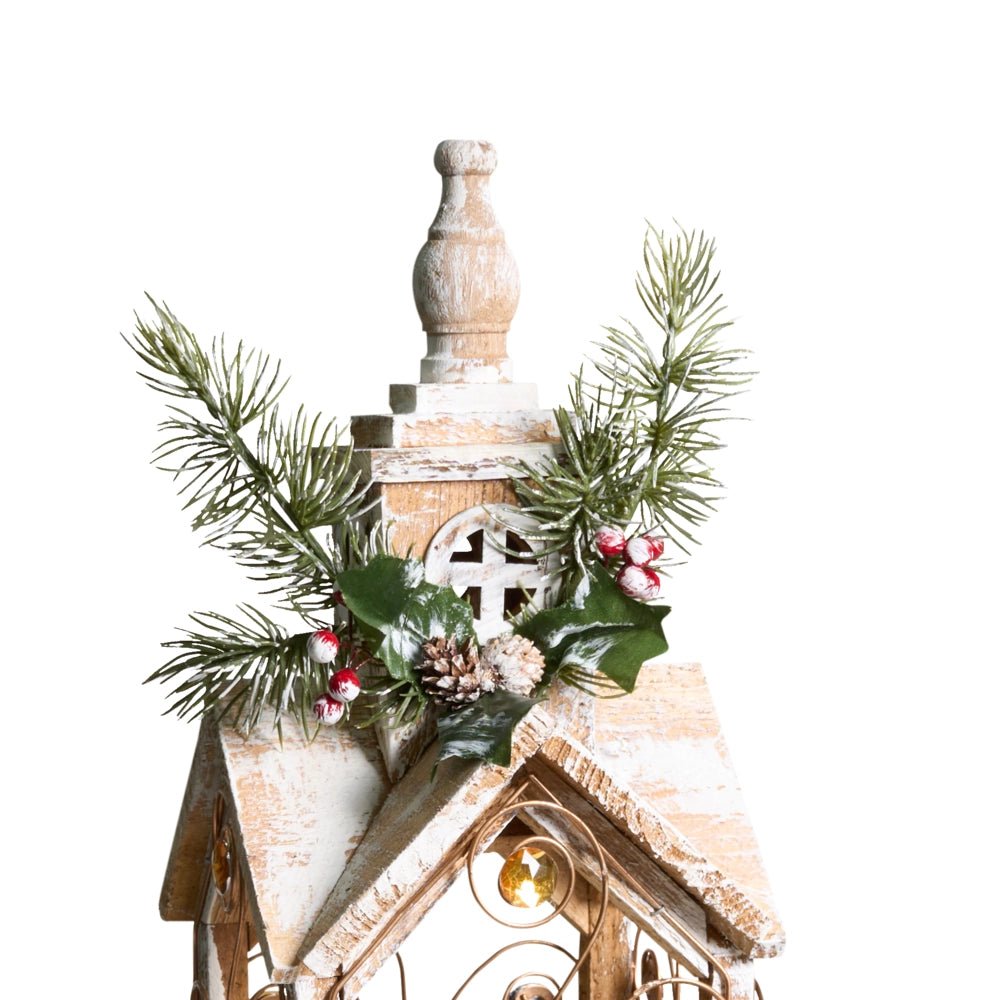 Lanterna LED in legno di abete marrone chiaro Decorazione natalizia tradizionale fatta a mano