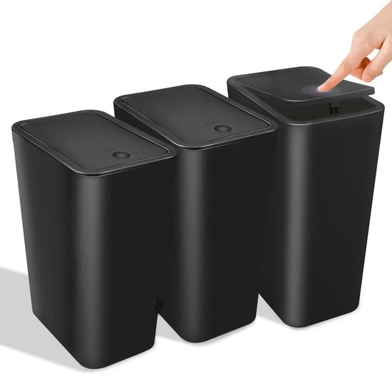 Set di 3 contenitori per rifiuti con coperchio, contenitore per rifiuti in plastica da 10L, moderna cassetta per rifiuti per camera da letto, cucina, ufficio, bagno (nero)